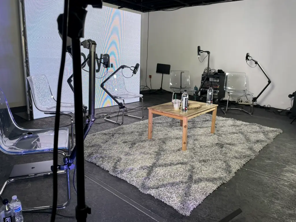 Podcast set built around an LED wall