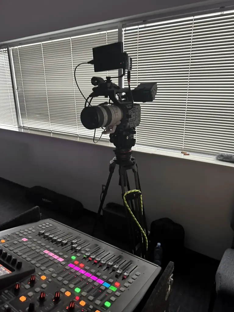 Camera and audio desk on location